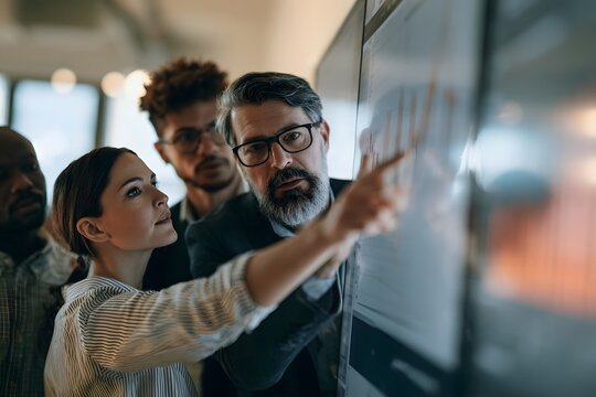 Gesch&auml;ftsteam diskutiert Diagramm auf Glaswand im modernen B&uuml;ro