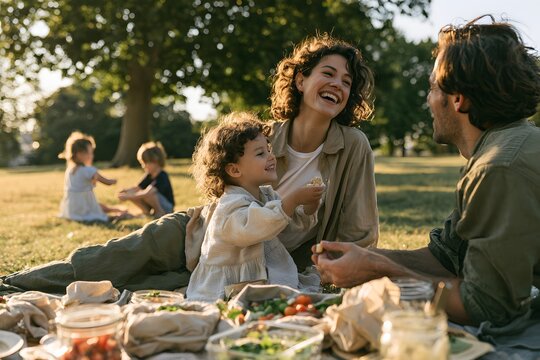 Gl&uuml;ckliche Familie genie&szlig;t gemeinsames Picknick im sonnigen Park