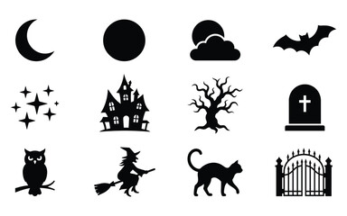 Fototapeta premium Halloween icon set with spooky silhouettes of witch, haunted house, bat and moon elements.