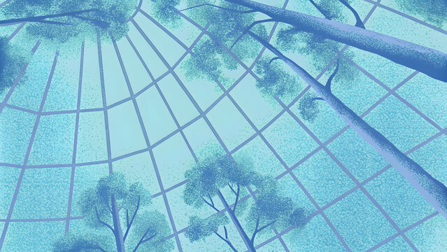 Illustration of tall trees reaching toward geometric glass roof. Futuristic greenhouse and indoor forestry concept. Slender tree trunks ascending within modern botanical biodome