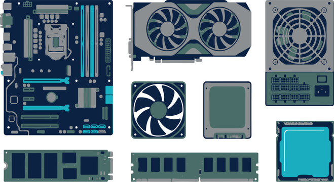 Computer components assembly set including motherboard graphics card cpu ram and power supply for custom workstation building illustrations.