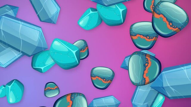 Falling Mixed Crystals and Gemstones Animation on Purple Mesh Background