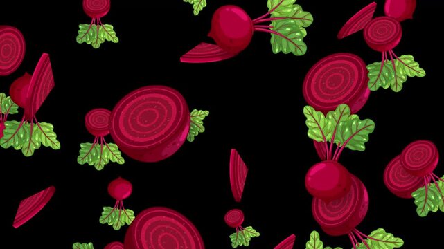 Animated Falling Whole and Sliced Beetroots on Black Background