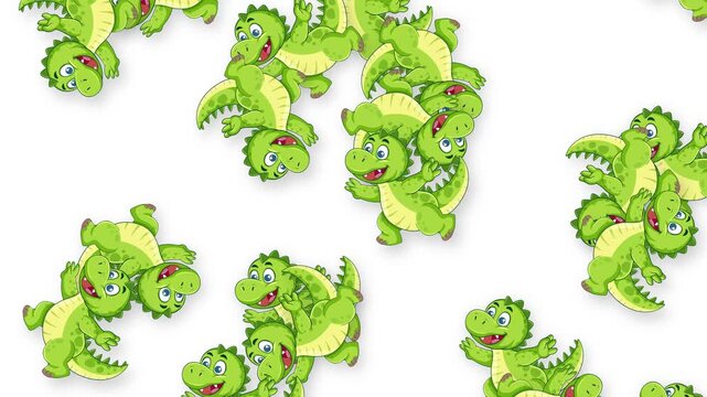 Cartoon Green Dinosaurs Falling Downward Against a White Background