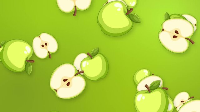 Green Apples and Slices Falling Over a Vibrant Green Background
