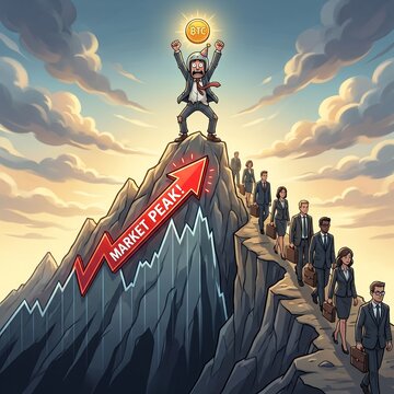 Humorous satirical illustration of an investor celebrating Bitcoin at a market peak, unaware that buying after a price surge can turn FOMO into a costly financial lesson