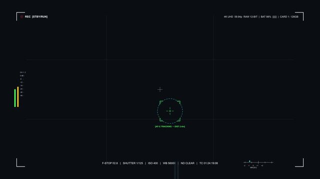 4K video camera viewfinder HUD overlay, showing f-stop and shutter speed, digital interface elements