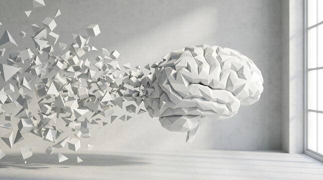 Human brain sculpture dissolving into floating geometric pixel particles