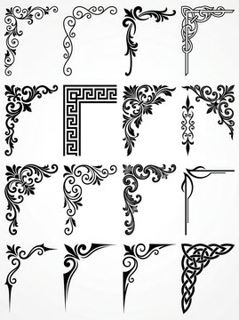 Set of 16 Decorative Corner Borders and Ornaments with Filigree, Celtic, and Greek Key Patterns for Graphic Design