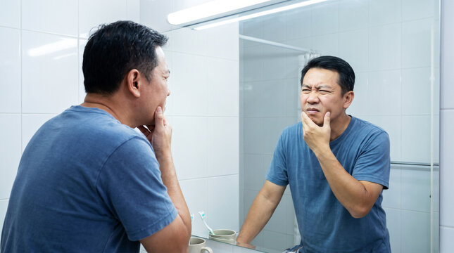 Concerned man examining his jaw in bathroom mirror showing dental pain symptoms.