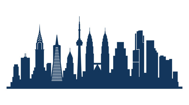 Dark Blue Silhouette of Iconic Global Skyscrapers and World Famous City Landmarks Including New York Chrysler Building and Petronas Towers, Isolated on White for Travel and Business Design