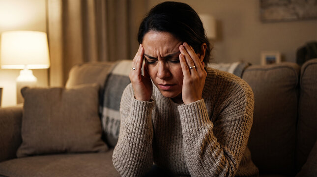 Stressed woman rubbing her temples on couch depicts headache relief and self-care.