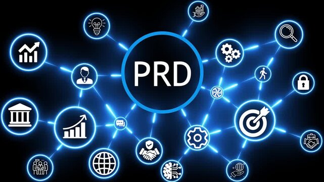 Pay per click PRD marketing concept animation with neon technology icons 4k video animation