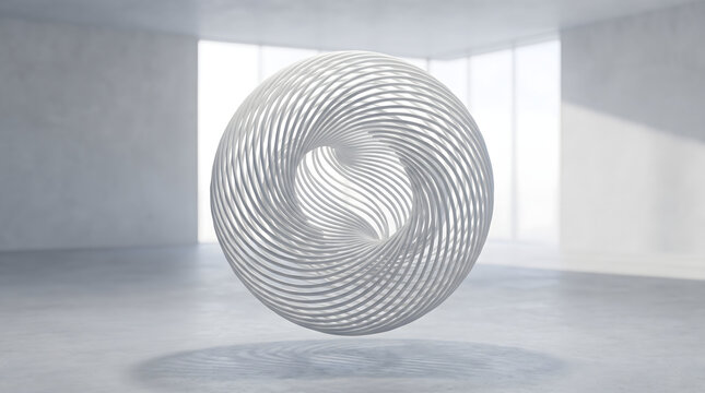 Suspended wireframe torus ring sculpture in bright spacious room