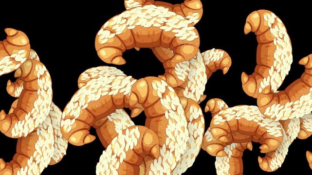 Animated Burst of Golden Croissants Falling Against a Black Background