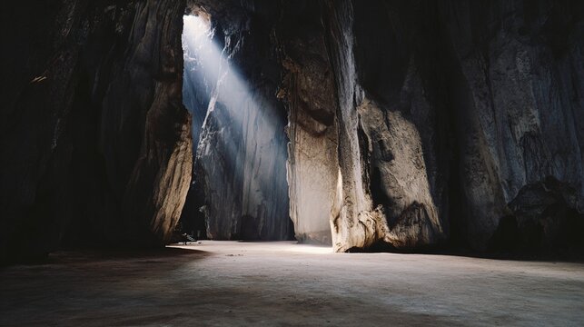 stalagmite. Vast limestone cave interior with light beams shining from the ceiling. travel magazines, destination branding, designed for travel destination branding, used by logistics managers.