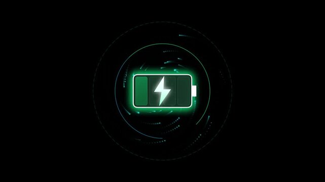 Battery Icon with Glowing Green Outline and Lightning Bolt Symbol. Digital Power Indicator Design for Technology and Electronics.