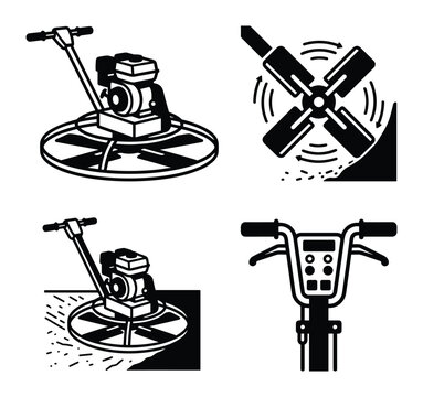 Concrete power trowel machine line icons for floor finishing and leveling work