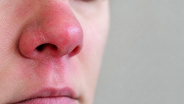 Close-up of red irritated nose with dry peeling skin, cold and flu season nasal irritation concept