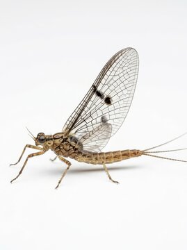 Detailed Macro Photography of a Mayfly Insect with Transparent Wings Isolated on a Clean White Background