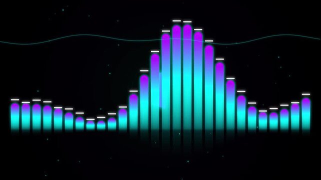 Sound Wave Spectrum Visualization with Gradient Bars. Abstract Audio Frequency Display in Teal and Blue Tones Against a Dark Background.
