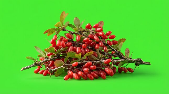 A vibrant cluster of fresh ripe barberries on branches with green leaves