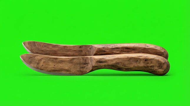 Two rustic handcrafted wooden knives displayed against a vibrant green screen