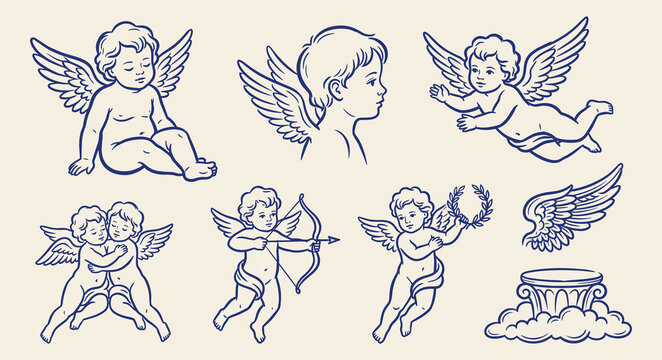 Hand drawn blue line art vector cute angels and cherubs icons set on light background