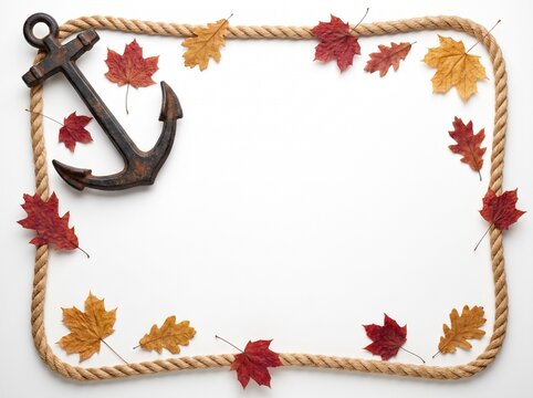 Rusty metal anchor and colorful autumn leaves framed by thick nautical rope on white surface creates maritime theme for seasonal greeting cards design.
