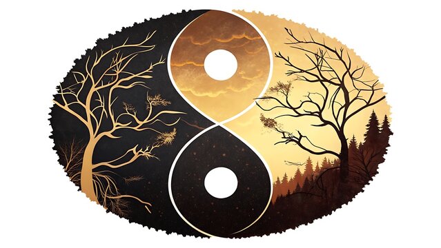 Yin Yang symbol with contrasting trees and forest landscape in a circular design.