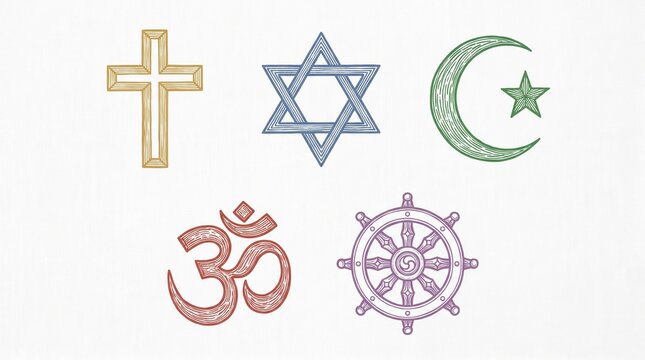 Hand-drawn world religion symbols including Christian cross, Star of David, Crescent star, Om, and Dharmachakra wheel