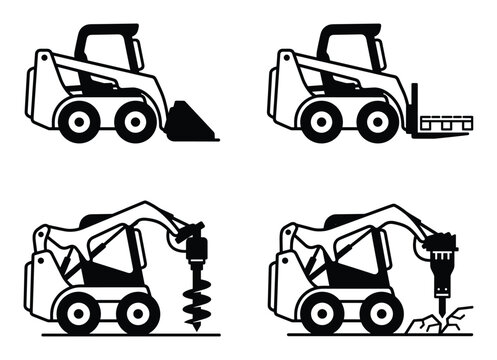 Skid steer loader with bucket pallet forks auger and jackhammer attachment set