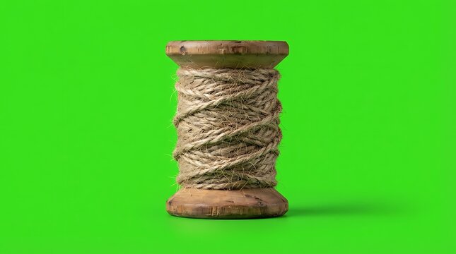 A vintage wooden spool wrapped with thick natural jute twine on green