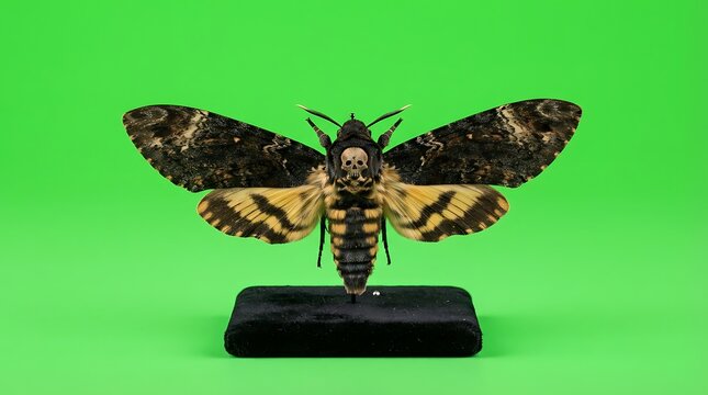 A detailed view of a deaths-head hawkmoth specimen on a green background