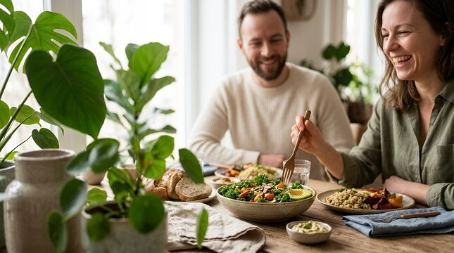 Happy couple eating a healthy vegetarian lunch together at home in a bright dining room.