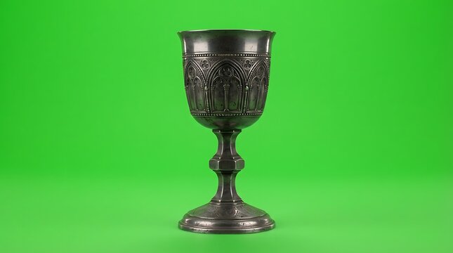 An ornate antique silver chalice isolated against a vibrant green background