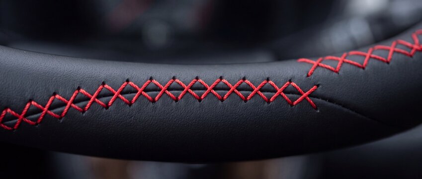Close-up view of black leather car steering wheel with vibrant red cross-stitch detailing for an elegant finish