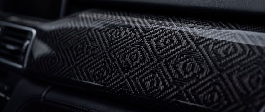 Detailed view of woven carbon fiber interior trim with diamond pattern texture showcases luxury automotive cabin design and craftsmanship