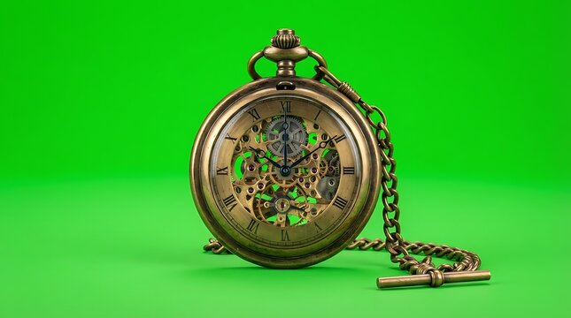 A vintage mechanical pocket watch with an exposed gear movement on green