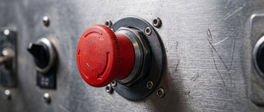 Industrial emergency stop button with red plastic cap on brushed steel panel for instant machine shutdown safety in electrical plants