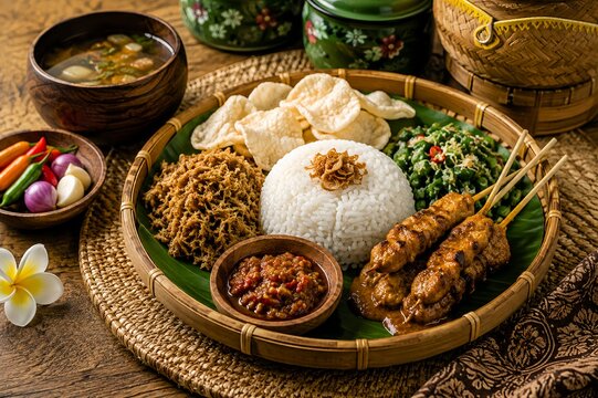 Traditional Balinese Chicken Rice (Nasi Ayam Bali) Set Meal on Woven Bamboo Plate