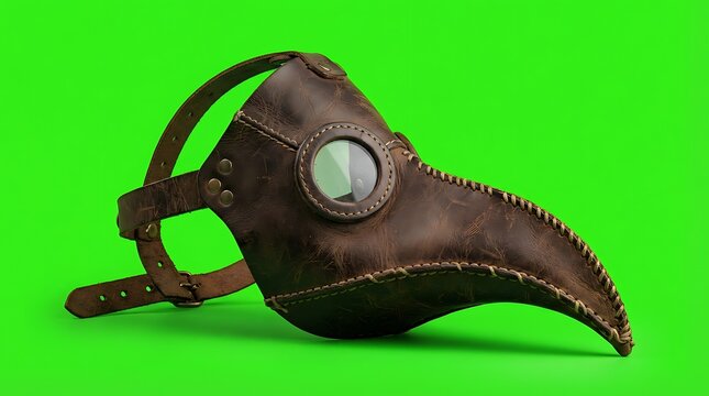 A vintage style leather plague doctor mask isolated on a bright green backdrop