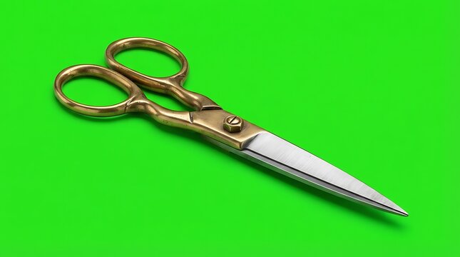 A pair of vintage brass tailor scissors isolated on a vibrant green background