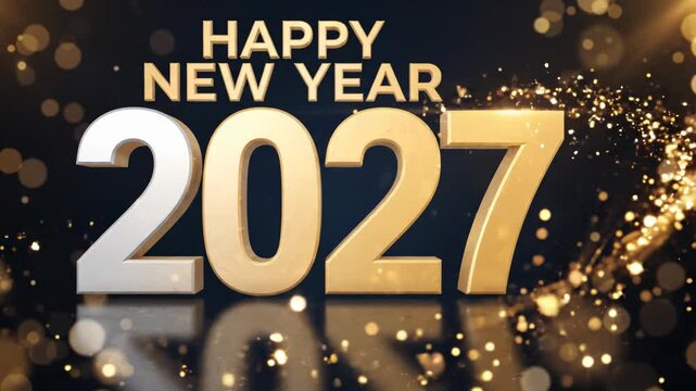 Happy new year 2027 gold and silver 3 d typography with glowing particle light trails and bokeh background