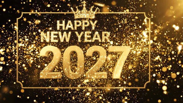 Happy new year 2027 gold glitter celebration background, with crown and, sparkling fireworks animation