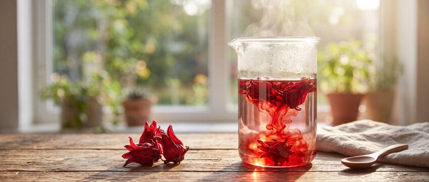 Steaming hibiscus tea infusion in glass beaker with dried flowers on wooden table warm beverage preparation sunrise