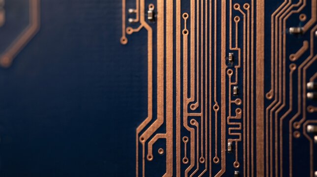 Macro view of vertical copper circuit board paths on a dark navy blue background
