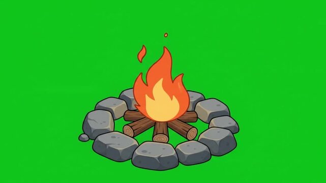 Cartoon campfire with logs and stones on a green screen background