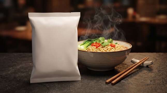 Blank white pillow pouch mock-up standing beside a hot steaming bowl of instant ramen noodles with chopsticks on a dark tabletop