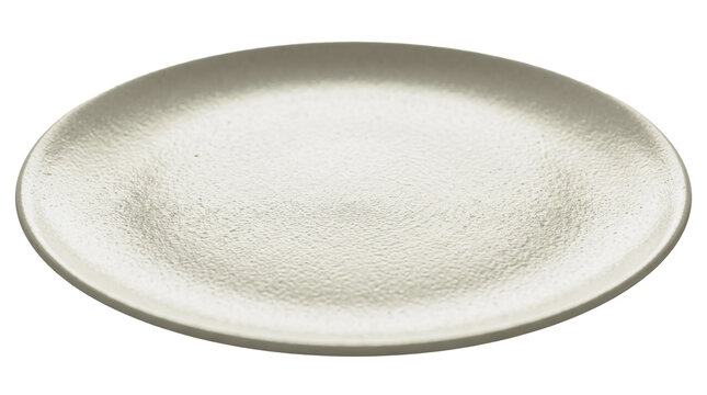 Textured beige ceramic plate on white background